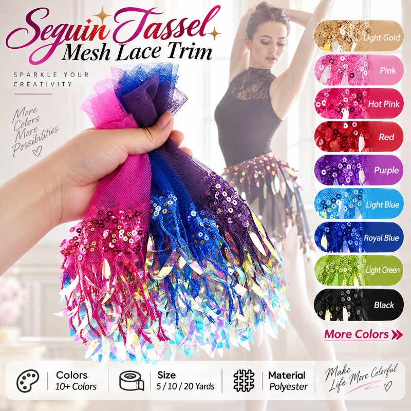 Fringe Ribbon Sewing - 5-20 หลา ลูกไม้ตาข่ายปักเลื่อม ขอบพู่ 15 ซม.