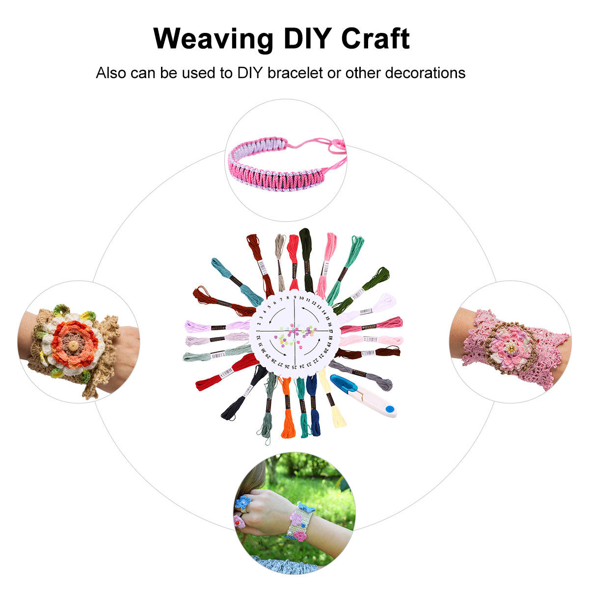 Embroidery Craft - ชุดอุปกรณ์ทำสร้อยข้อมือมิตรภาพ พร้อมเครื่องทอแบบกลมและด้ายปัก 24 สี สำหรับงานฝีมือ DIY