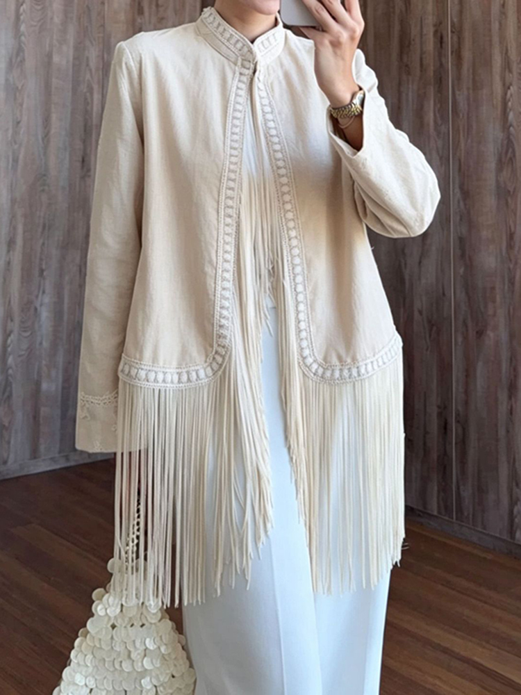 เสื้อคาร์ดิแกนแขนยาวคอตั้งแต่ง - Tassel Fringe Trim บทวิจารณ์และราคา