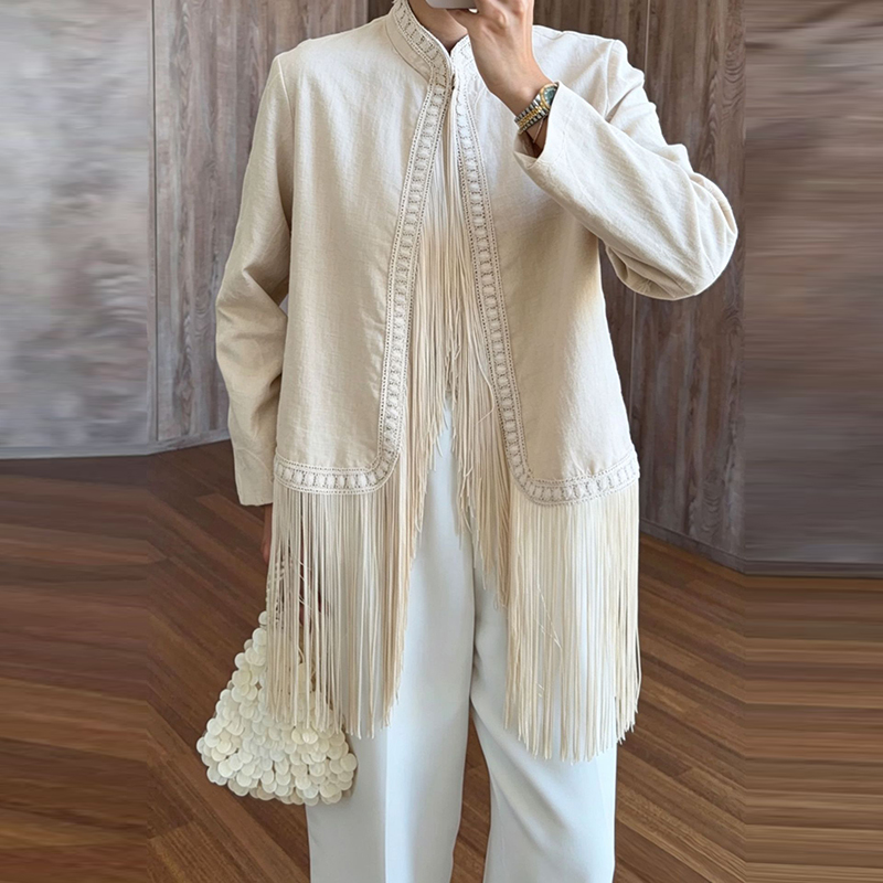 เสื้อคาร์ดิแกนแขนยาวคอตั้งแต่ง - Tassel Fringe Trim บทวิจารณ์และราคา